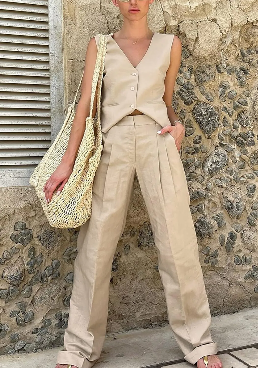 Vaceky Blazer Vest Slacks Women 2 Piece Outfit Breathable Lightweight Pant Suits