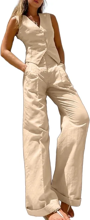 Vaceky Blazer Vest Slacks Women 2 Piece Outfit Breathable Lightweight Pant Suits