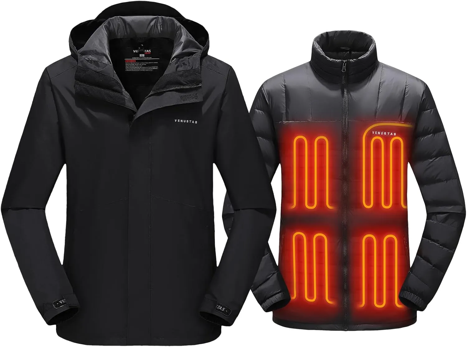 Venustas Men's 3-in-1 Heated Down Jacket, Electric Puffer Jacket with Battery, 90% Down Fill, Winter Snow Ski Heated Coat