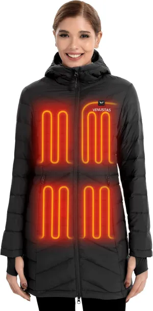 Venustas Women's Long Heated Down Jacket with Battery, Electric Puffer Jacket with 90% Duck Down For Outdoor Camping Skiing