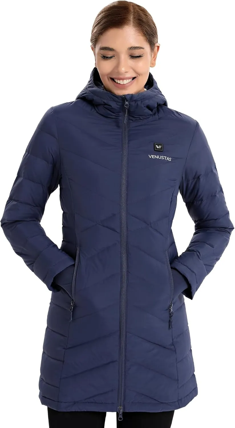 Venustas Women's Long Heated Down Jacket with Battery, Electric Puffer Jacket with 90% Duck Down For Outdoor Camping Skiing