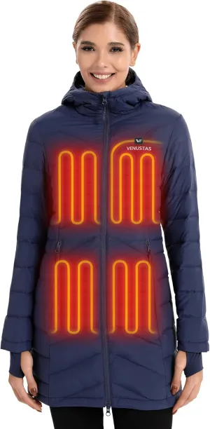 Venustas Women's Long Heated Down Jacket with Battery, Electric Puffer Jacket with 90% Duck Down For Outdoor Camping Skiing
