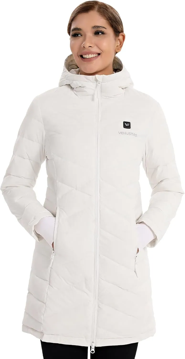 Venustas Women's Long Heated Down Jacket with Battery, Electric Puffer Jacket with 90% Duck Down For Outdoor Camping Skiing