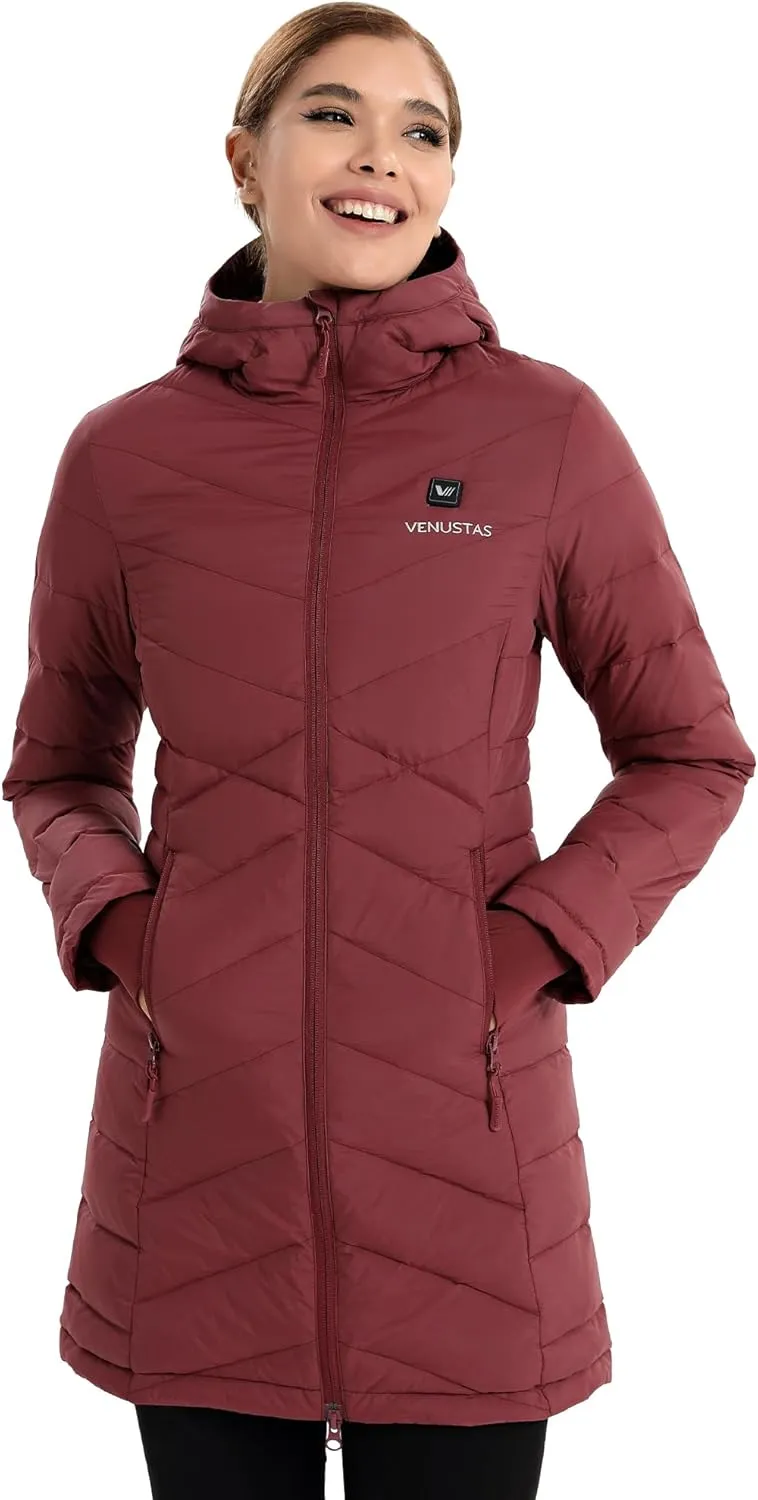 Venustas Women's Long Heated Down Jacket with Battery, Electric Puffer Jacket with 90% Duck Down For Outdoor Camping Skiing