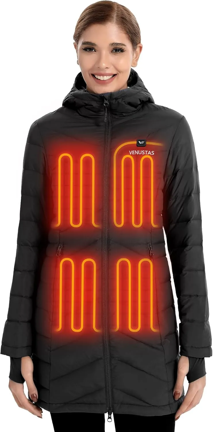 Venustas Women's Long Heated Down Jacket with Battery, Electric Puffer Jacket with 90% Duck Down For Outdoor Camping Skiing