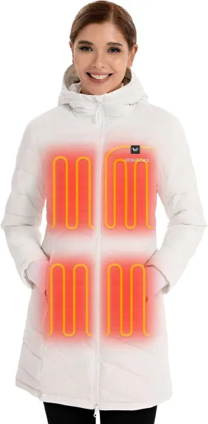 Venustas Women's Long Heated Down Jacket with Battery, Electric Puffer Jacket with 90% Duck Down For Outdoor Camping Skiing