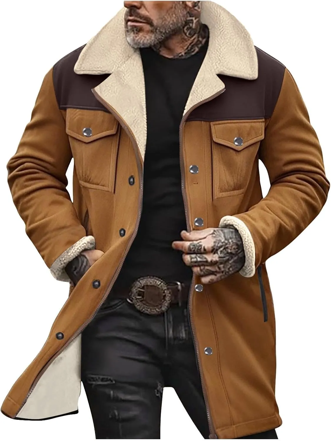 Vintage Suede Trench Coats Plush Reverse Collar Mens Outdoor Jacket Retro Warm Winter Sherpa Fleece Lined Outerwear