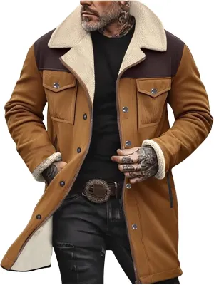 Vintage Suede Trench Coats Plush Reverse Collar Mens Outdoor Jacket Retro Warm Winter Sherpa Fleece Lined Outerwear