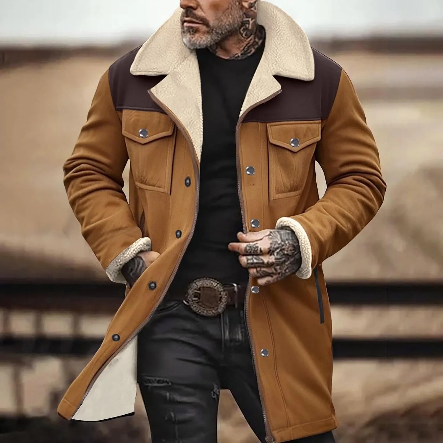 Vintage Suede Trench Coats Plush Reverse Collar Mens Outdoor Jacket Retro Warm Winter Sherpa Fleece Lined Outerwear