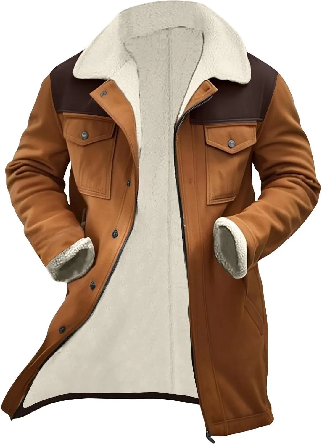 Vintage Suede Trench Coats Plush Reverse Collar Mens Outdoor Jacket Retro Warm Winter Sherpa Fleece Lined Outerwear