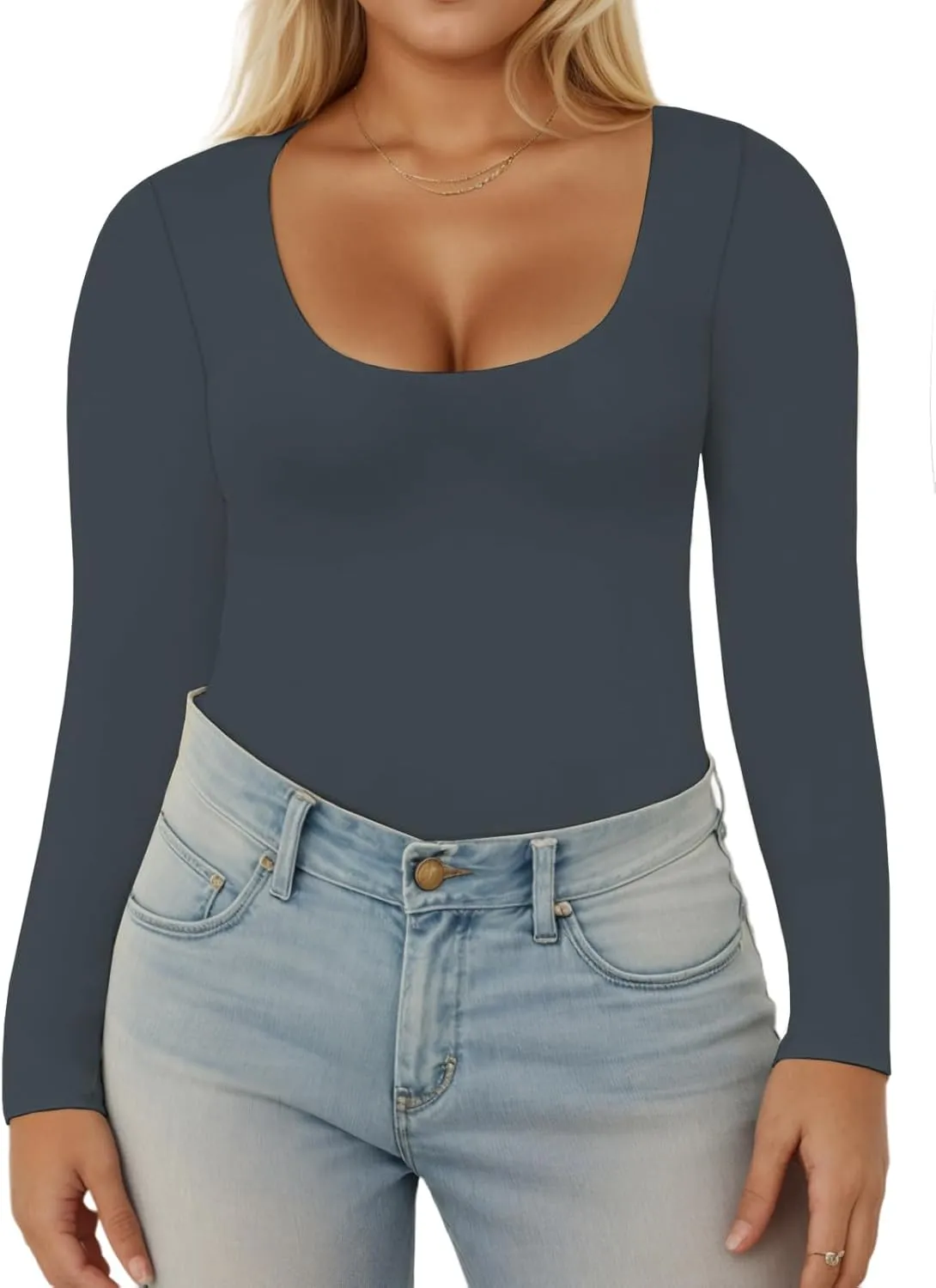 VISLILY Womens-Plus-Size-Long-Sleeve-Shirts Scoop Neck Tops Tight Slim Fit Undershirts Lightweight Thermal Basic Tee XL-5XL