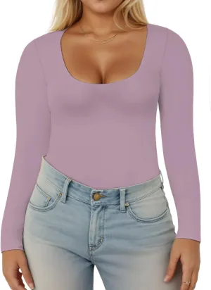 VISLILY Womens-Plus-Size-Long-Sleeve-Shirts Scoop Neck Tops Tight Slim Fit Undershirts Lightweight Thermal Basic Tee XL-5XL