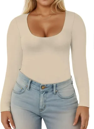 VISLILY Womens-Plus-Size-Long-Sleeve-Shirts Scoop Neck Tops Tight Slim Fit Undershirts Lightweight Thermal Basic Tee XL-5XL