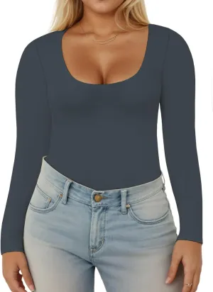 VISLILY Womens-Plus-Size-Long-Sleeve-Shirts Scoop Neck Tops Tight Slim Fit Undershirts Lightweight Thermal Basic Tee XL-5XL