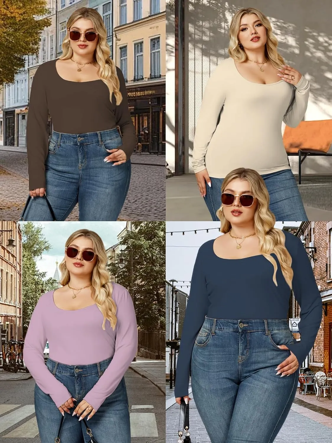 VISLILY Womens-Plus-Size-Long-Sleeve-Shirts Scoop Neck Tops Tight Slim Fit Undershirts Lightweight Thermal Basic Tee XL-5XL