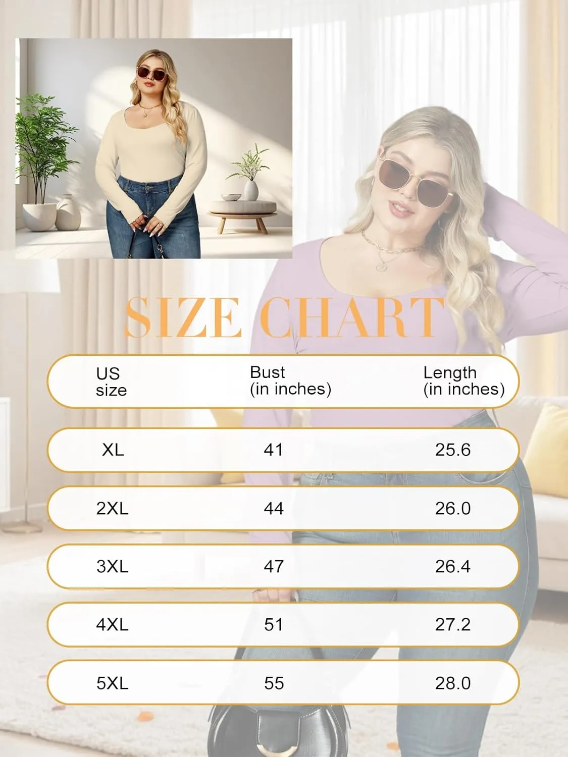VISLILY Womens-Plus-Size-Long-Sleeve-Shirts Scoop Neck Tops Tight Slim Fit Undershirts Lightweight Thermal Basic Tee XL-5XL