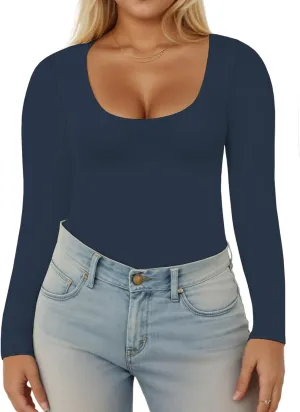 VISLILY Womens-Plus-Size-Long-Sleeve-Shirts Scoop Neck Tops Tight Slim Fit Undershirts Lightweight Thermal Basic Tee XL-5XL