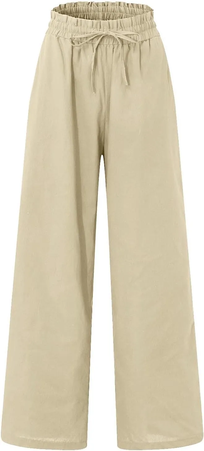 Wide Leg Linen Pants for Women Dressy Casual High Waisted Palazzo Pants Loose Fit Comfy Work Pants with Pockets