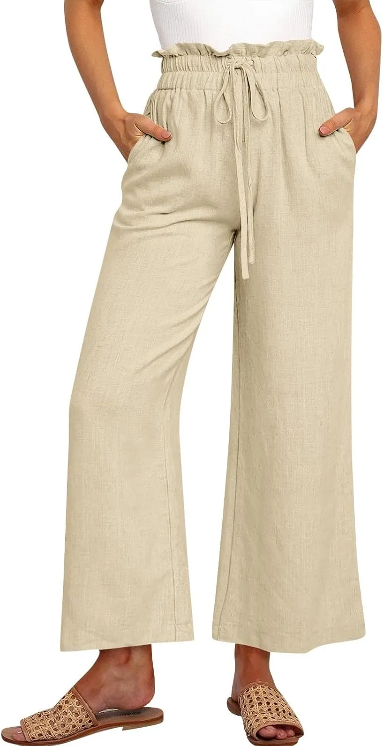 Wide Leg Linen Pants for Women Dressy Casual High Waisted Palazzo Pants Loose Fit Comfy Work Pants with Pockets