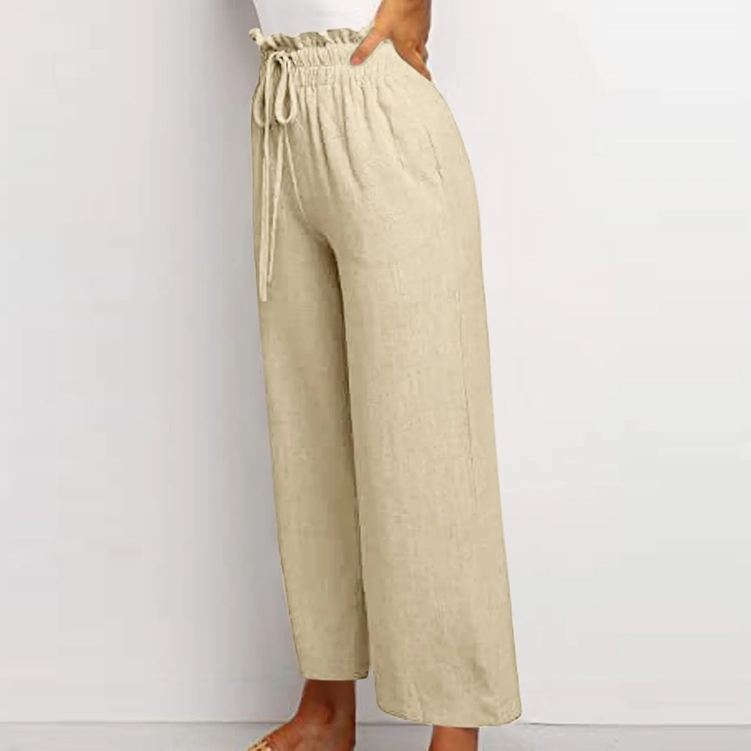 Wide Leg Linen Pants for Women Dressy Casual High Waisted Palazzo Pants Loose Fit Comfy Work Pants with Pockets