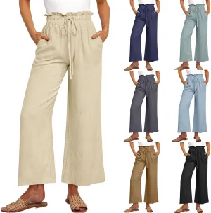 Wide Leg Linen Pants for Women Dressy Casual High Waisted Palazzo Pants Loose Fit Comfy Work Pants with Pockets