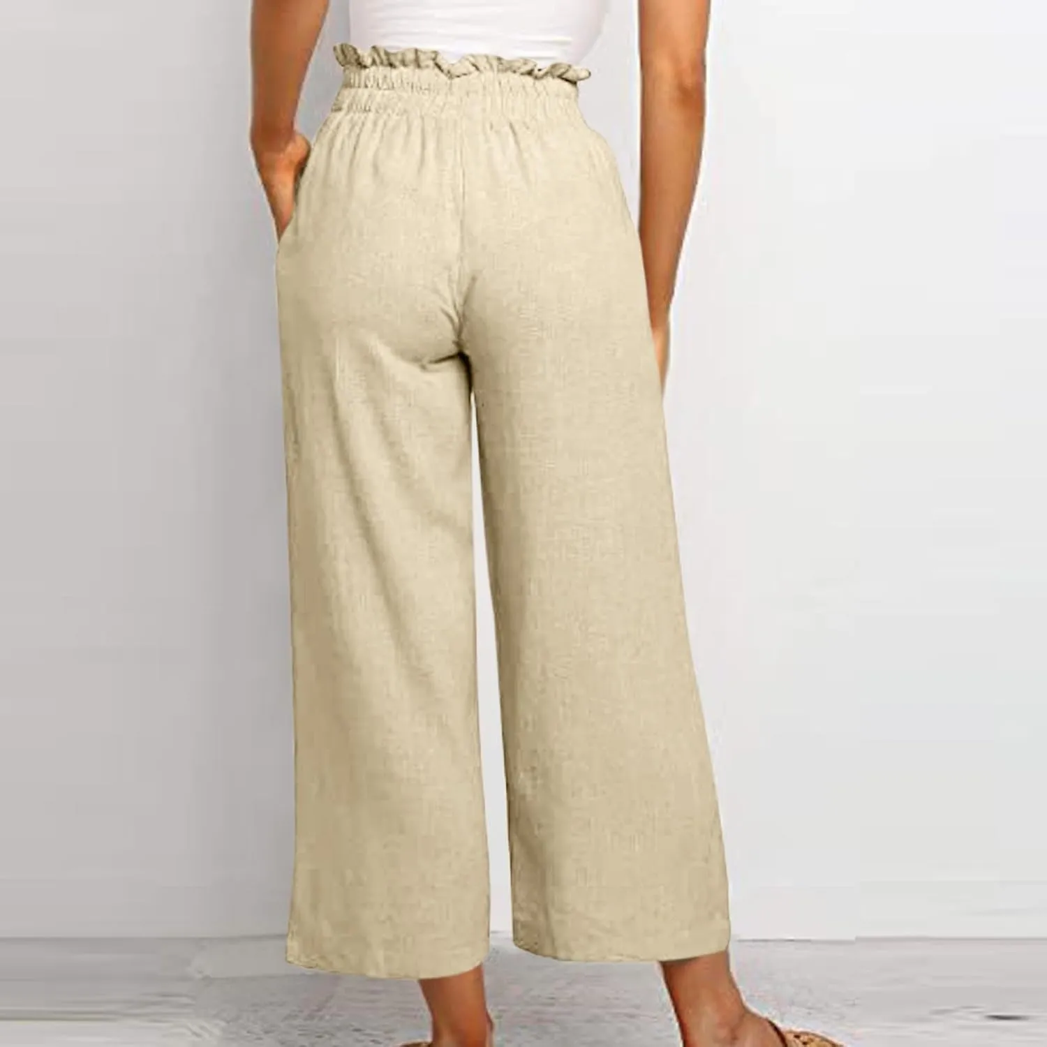Wide Leg Linen Pants for Women Dressy Casual High Waisted Palazzo Pants Loose Fit Comfy Work Pants with Pockets