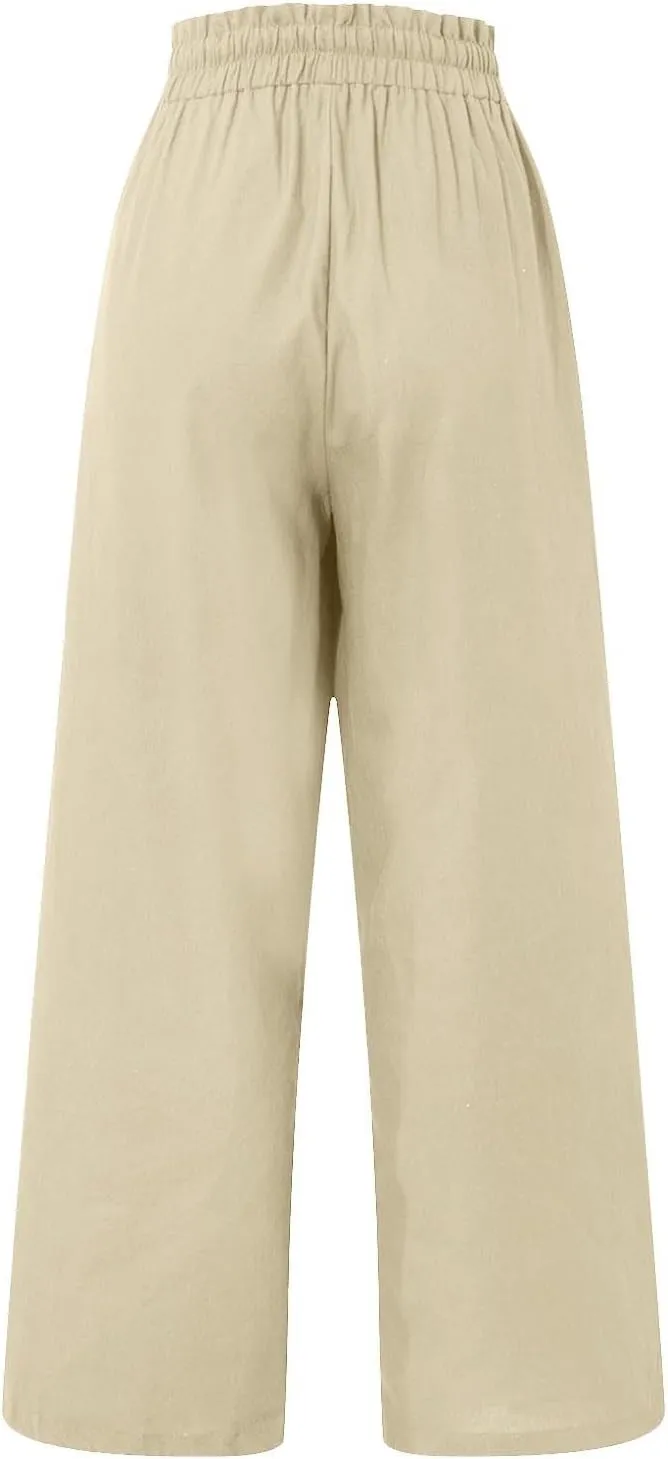 Wide Leg Linen Pants for Women Dressy Casual High Waisted Palazzo Pants Loose Fit Comfy Work Pants with Pockets