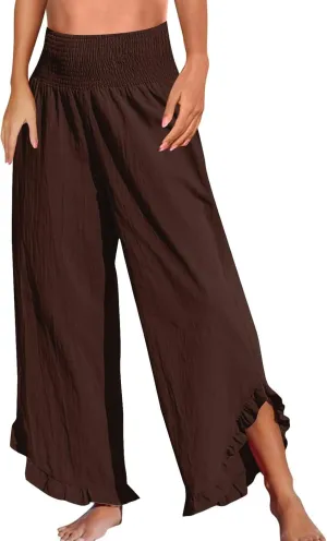 Wide Leg Linen Pants for Women Ruffle Smocked Elastic High Waist Casual Summer Palazzo Pants Flowy Boho Beach Trousers