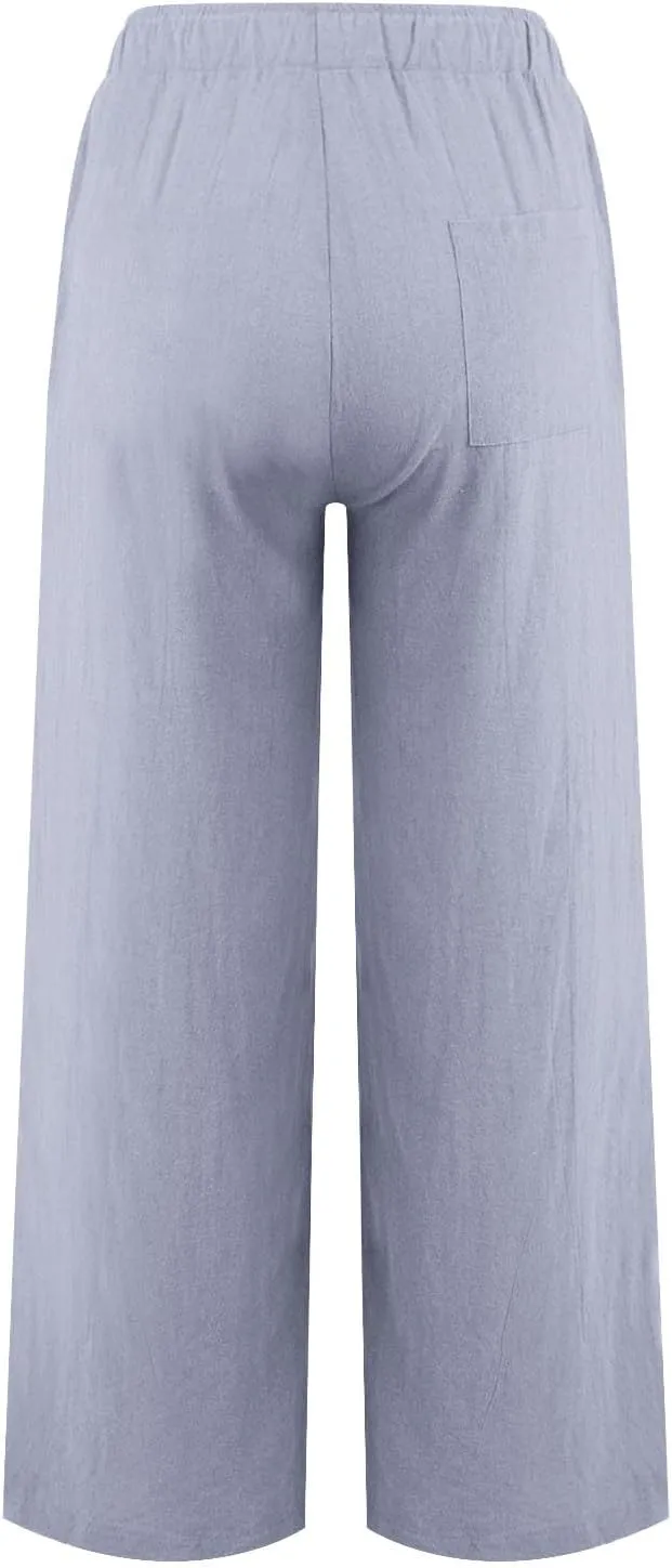 Wide Leg Linen Pants for Women Summer Boho High Waisted Palazzo Pants Lightweight Baggy Comfy Beach Pants with Pocket