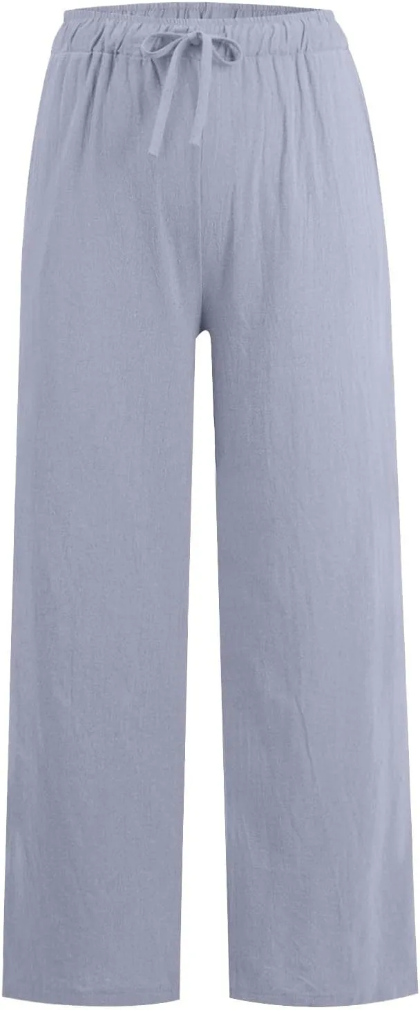 Wide Leg Linen Pants for Women Summer Boho High Waisted Palazzo Pants Lightweight Baggy Comfy Beach Pants with Pocket