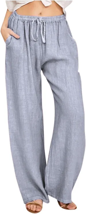 Wide Leg Linen Pants for Women Summer Boho High Waisted Palazzo Pants Lightweight Baggy Comfy Beach Pants with Pocket