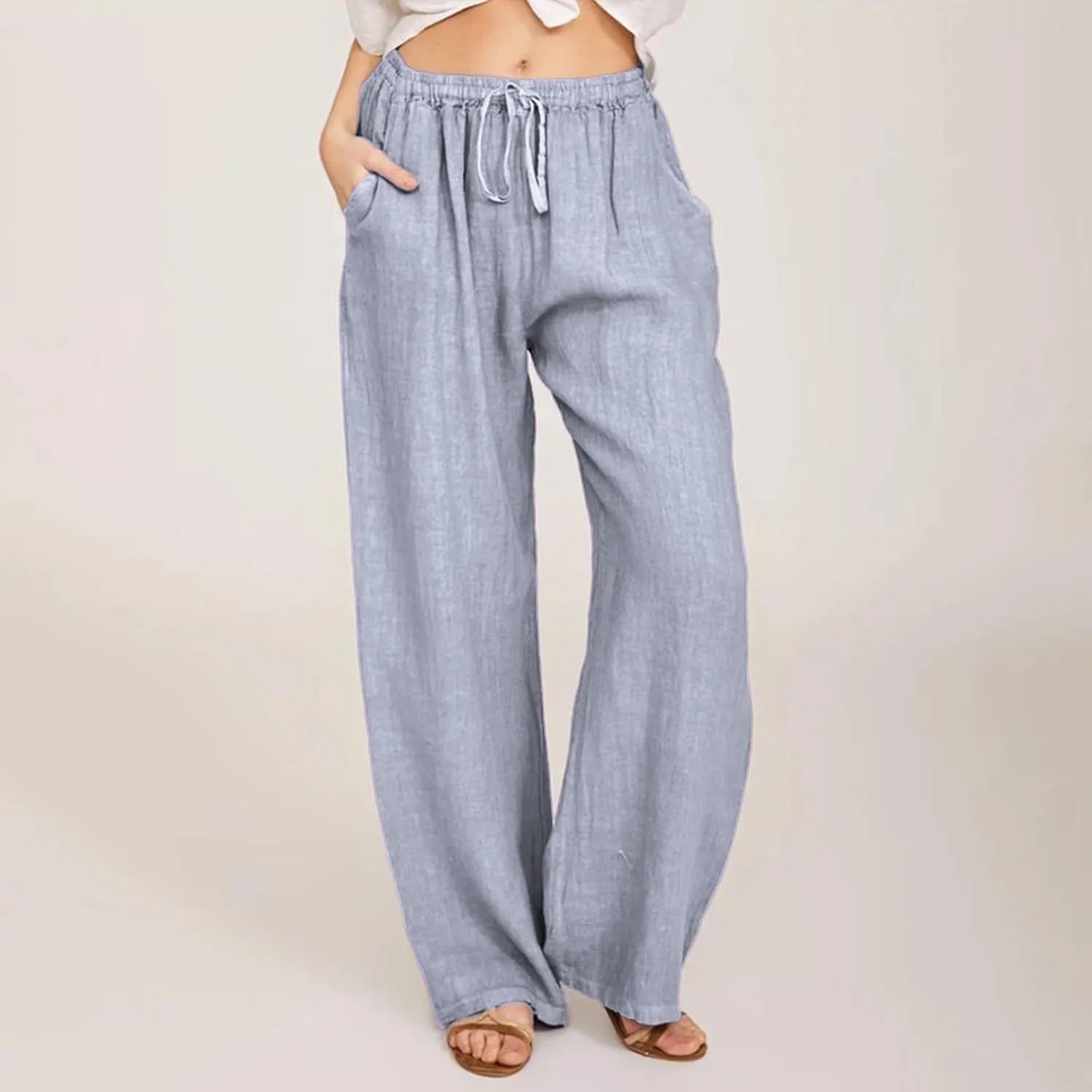 Wide Leg Linen Pants for Women Summer Boho High Waisted Palazzo Pants Lightweight Baggy Comfy Beach Pants with Pocket