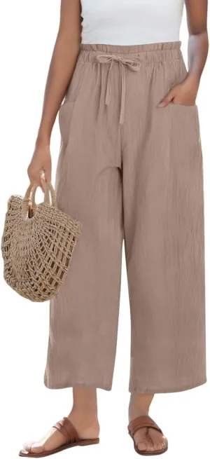 Wide Leg Pants for Women Linen Cotton Lightweight High Waisted Palazzo Pant Casual Loose Comfy Summer Beach Trousers