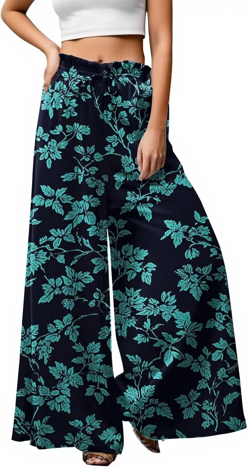 Wide Leg Pants Woman Palazzo Floral Dress Pants Flowy High Waisted Summer 2025 Beach Boho Trousers with Pockets