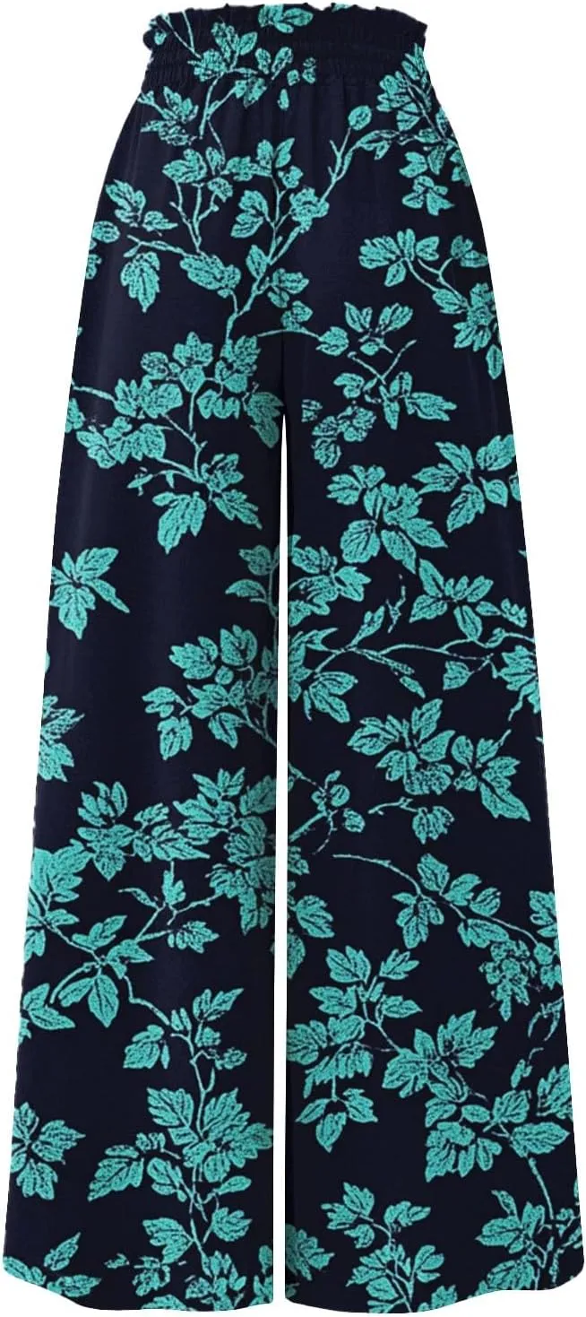 Wide Leg Pants Woman Palazzo Floral Dress Pants Flowy High Waisted Summer 2025 Beach Boho Trousers with Pockets