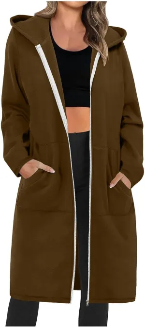 Winter Coats for Women 2024 Long Solid Color Trench Coat Pocket Long Sleeve Jacket Casual Hoodie Zip Up Shacket Coats