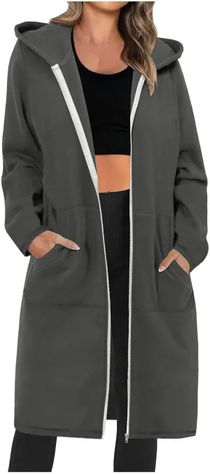 Winter Coats for Women 2024 Long Solid Color Trench Coat Pocket Long Sleeve Jacket Casual Hoodie Zip Up Shacket Coats