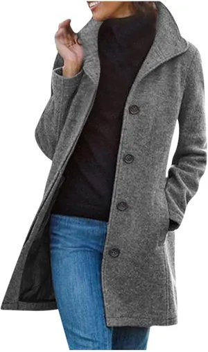 Winter Coats for Women Single Breasted Trench Coat Winter Wool Blend Pea Coat Vintage Stand Collar Casual Trench Coat