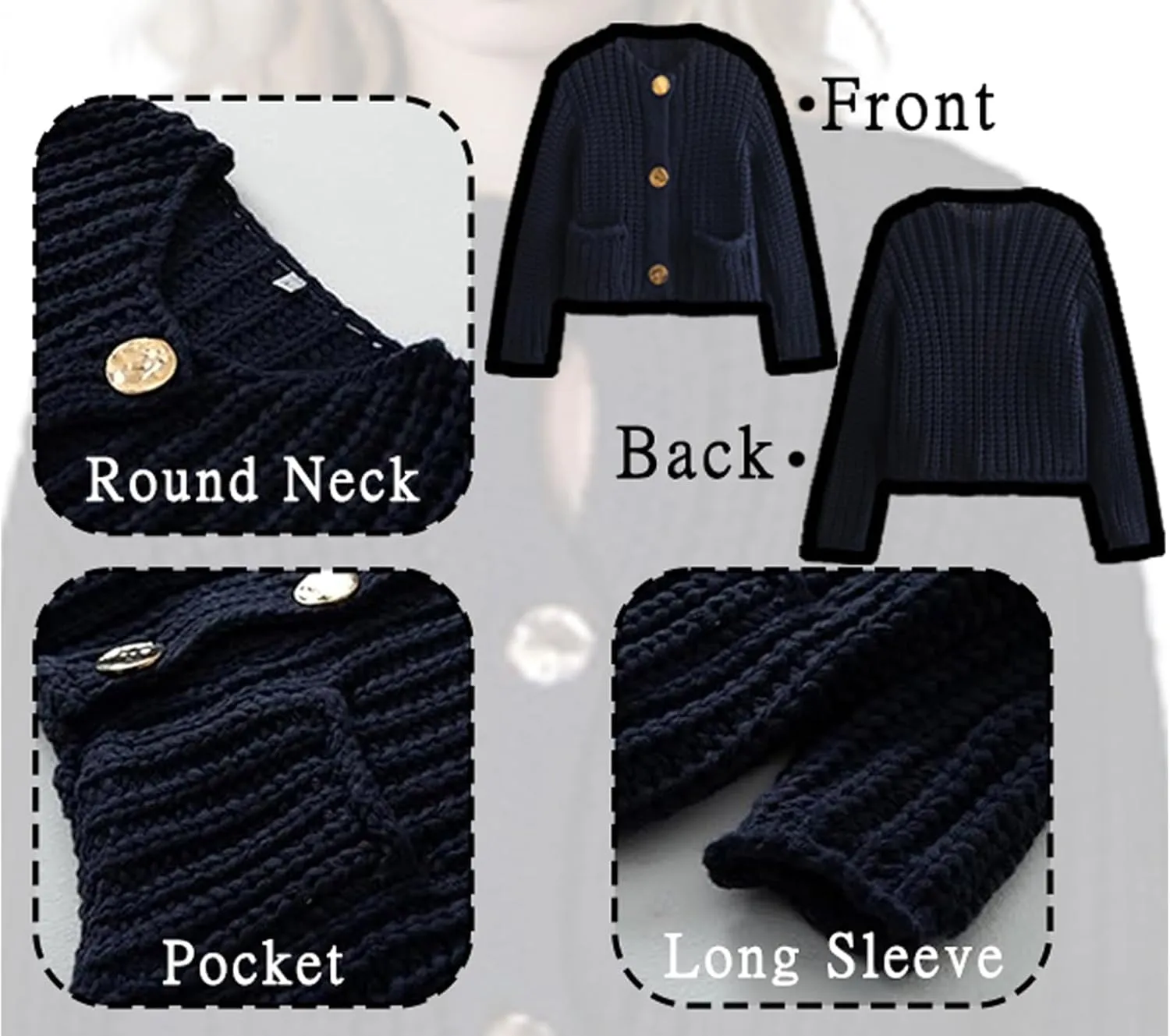 Women Button Down Sweaters Crochet Chunky Knit Long Sleeves Cropped Cardigan Open Front Outwear with Pockets