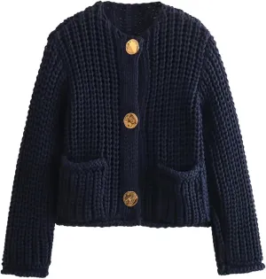 Women Button Down Sweaters Crochet Chunky Knit Long Sleeves Cropped Cardigan Open Front Outwear with Pockets