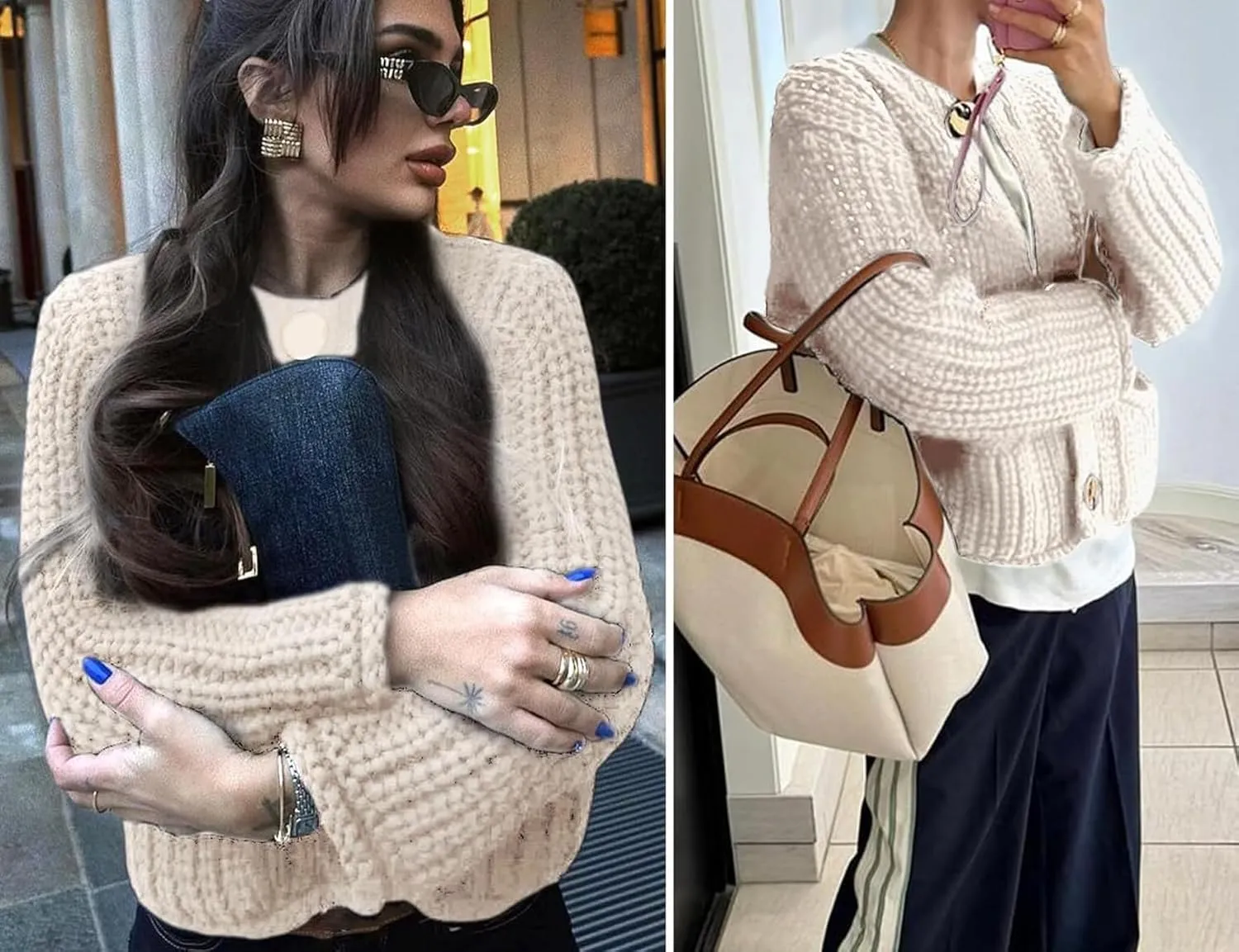 Women Button Down Sweaters Crochet Chunky Knit Long Sleeves Cropped Cardigan Open Front Outwear with Pockets