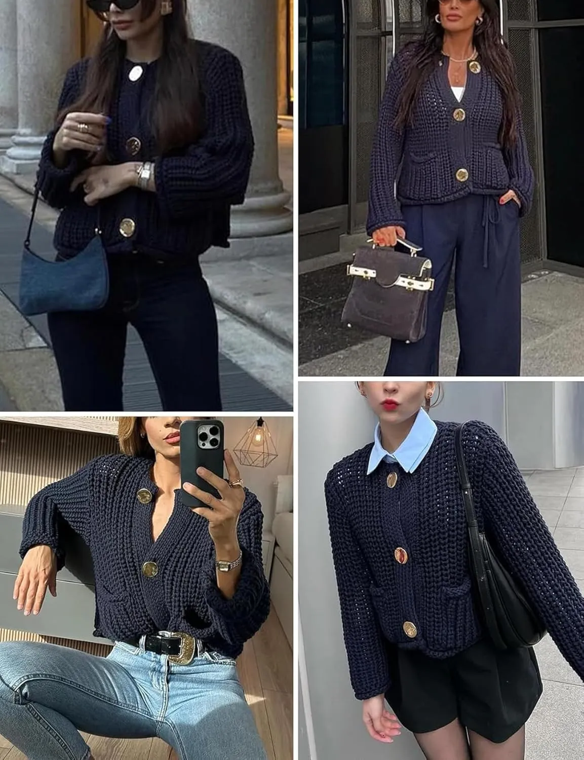Women Button Down Sweaters Crochet Chunky Knit Long Sleeves Cropped Cardigan Open Front Outwear with Pockets