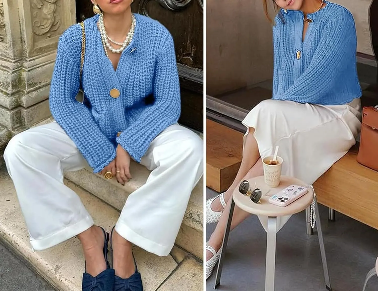 Women Button Down Sweaters Crochet Chunky Knit Long Sleeves Cropped Cardigan Open Front Outwear with Pockets