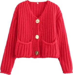 Women Button Down Sweaters Crochet Chunky Knit Long Sleeves Cropped Cardigan Open Front Outwear with Pockets