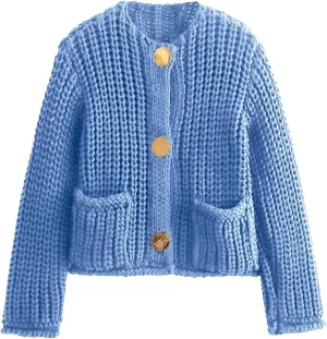 Women Button Down Sweaters Crochet Chunky Knit Long Sleeves Cropped Cardigan Open Front Outwear with Pockets