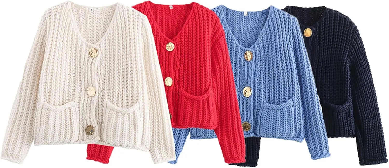 Women Button Down Sweaters Crochet Chunky Knit Long Sleeves Cropped Cardigan Open Front Outwear with Pockets