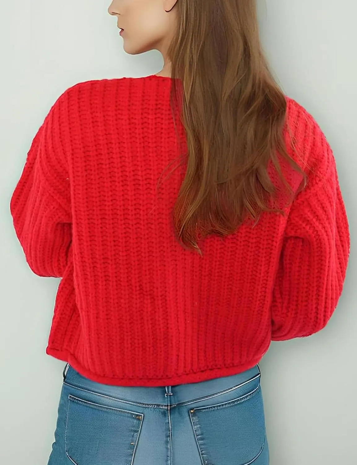 Women Button Down Sweaters Crochet Chunky Knit Long Sleeves Cropped Cardigan Open Front Outwear with Pockets