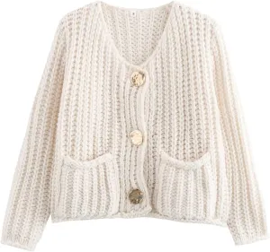 Women Button Down Sweaters Crochet Chunky Knit Long Sleeves Cropped Cardigan Open Front Outwear with Pockets