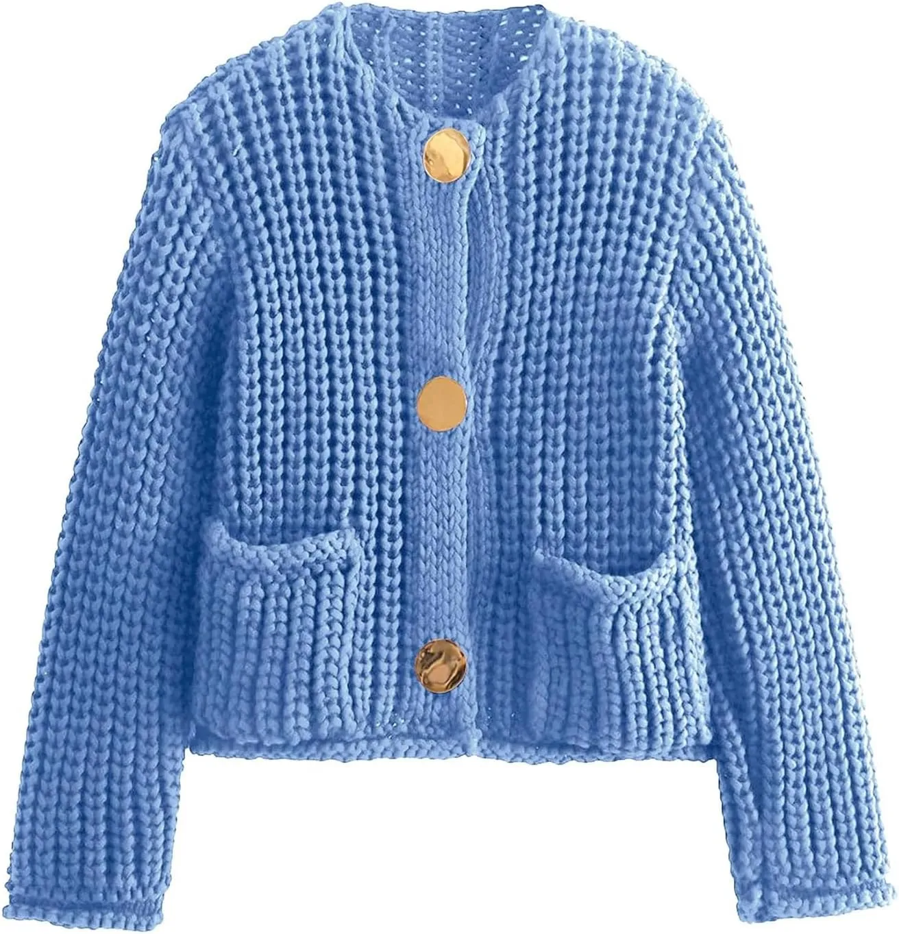 Women Button Down Sweaters Crochet Chunky Knit Long Sleeves Cropped Cardigan Open Front Outwear with Pockets