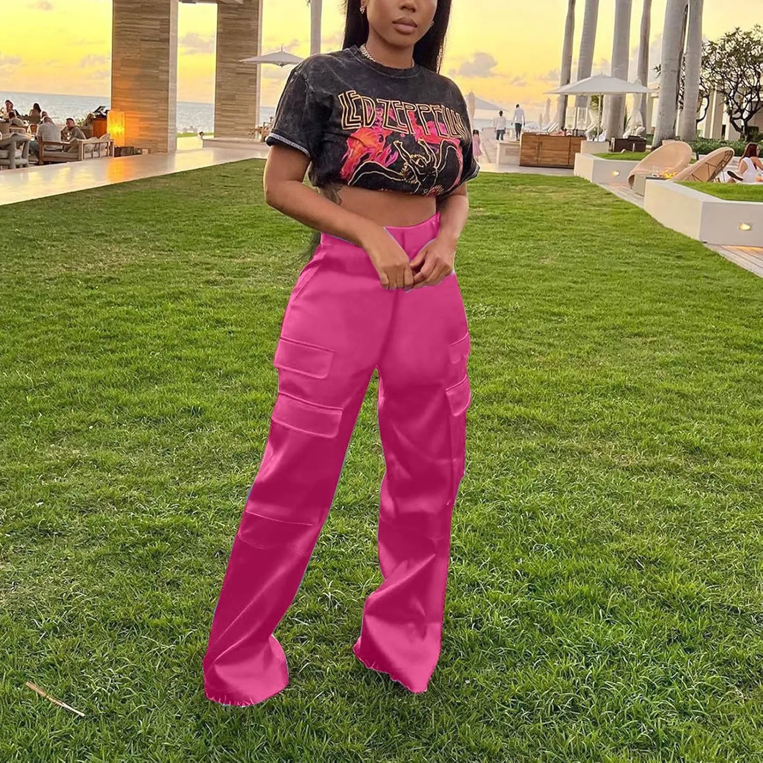 Women Cargo Pants High Waisted Joggers Soft Casual Baggy Sweatpants Wide Leg Straight Slacks Solid Trendy Trousers